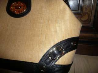 NWT EMMA FOX genuine leather black straw shoulder tote purse bag $425 