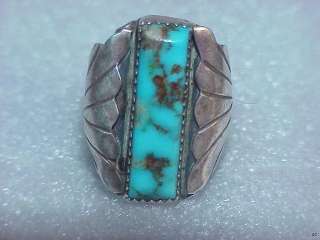 HEAVY VINTAGE NAVAJO F SIGNED STERLING SILVER MENS RING W/TURQUOISE 