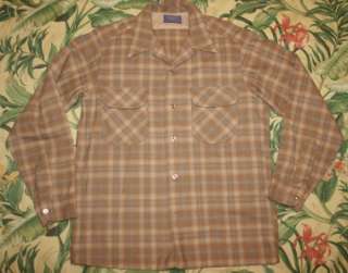 Vtg PENDLETON Khaki Plaid Wool LOOP Collar Shirt Medium M  