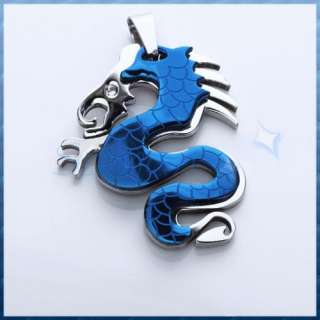 Blue Titanium steel Chinese Dragon Necklace Pendant NEW  