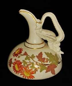 Royal Worcester Pitcher Ewer Dragon Handle Hand Painted Flowers, Circa 