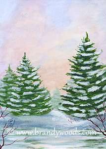 Winter Pines Snow watercolor painting ACEO sfa art drawing print 