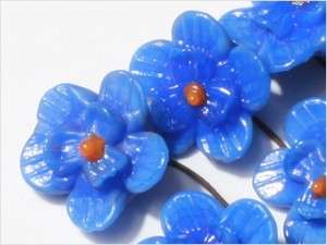 CZECH ANTIQUE VTG BLUE FLOWER GLASS BEADS WIRED (6)  