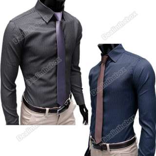 Men Stripe Stylish Casual Dress Slim Fit Long Sleeve Shirt Black Blue 