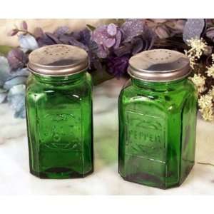 Green Glass Salt and Pepper Shakers Depression Style:  