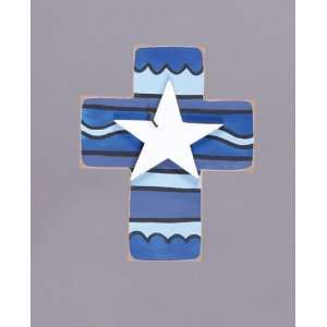  Blue Striped Wood Cross with White Star