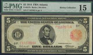 1914 $5 FR837b   PMG GRADED 15 CH FINE   ONLY 36 EXIST  