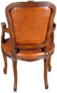 VINTAGE FRENCH COUNTRY LOUIS XV BROWN LEATHER ARMCHAIR  
