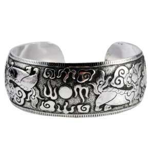  White Metal Snow Lion Tibetan Cuff Bracelet, #2 Jewelry