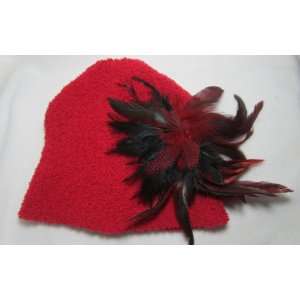   Super Soft Red Winter Hat with Detachable Feather Pin and Clip Beauty
