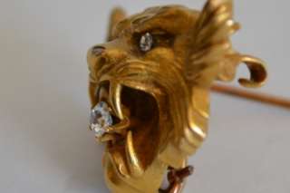CIRCA 1900s ART NOUVEAU 14k GOLD & DIAMONDS LION FACE PIN  