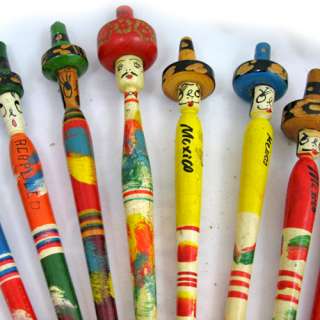    Painted Carved Face WOOD WOODEN Mexico Mexican Ball PENS PEN  