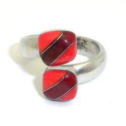 Alpaca Silver Bloodstone and Coral Wrap Ring (Mexico)  