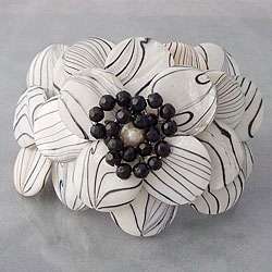 Zebra Mother of Pearl and Onyx Flower Cuff Bracelet (Thailand 