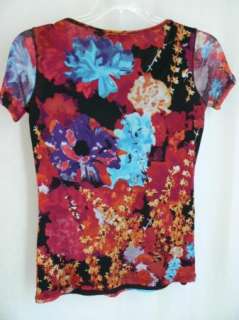   Tam size S Bright Multicolor Floral Nylon Mesh Short Sleeve Lined Top