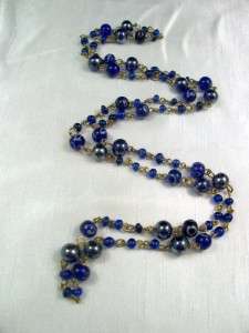 Vintage Blue Art Glass Bead Flapper Link Necklace 35L  