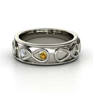 Wide Infinite Love Ring, 14K White Gold Ring with Diamond & Citrine