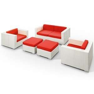   Rattan 5 Piece Set In White with Red Cushions Patio, Lawn & Garden