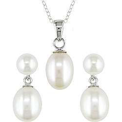 Sterling Silver White Pearl Earring and Necklace Set  