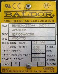 Baldor BSM80A 250AA Servo Motor NOS 6 Month Warranty  