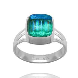  Dichroic Glass Bezel Set Green Rounded Square Shaped Ring, Size 5.5