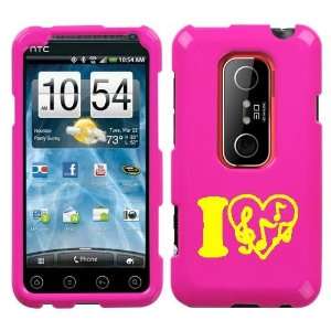   EVO 3D YELLOW I LOVE MUSIC ON A PINK HARD CASE COVER 
