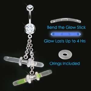 Double Gem Belly Ring with 2 Glowstick Holder   14G   3/8 Bar Length 