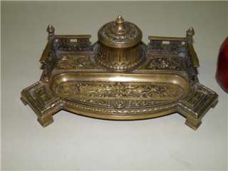 Antique Victorian Ornate Brass Inkwell Musical Motif  