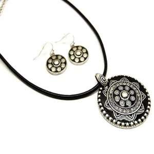   Black Cord with Black Textured Metal Medallion Necklace Set: Jewelry