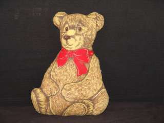 VINTAGE FABRIC PRINT PILLOW TEDDY BEAR RED BOW ACCENT PLUSH STUFFED 