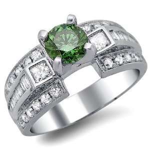  1.35ct Fancy Green Round Diamond Engagement Ring 14k White 