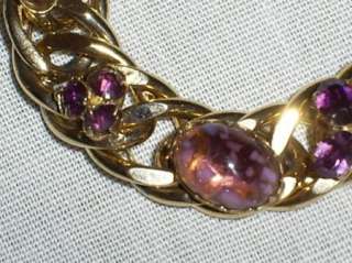   Purple Amethyst Prong Set Gems Cabachon Goldtone Chain Bracelet  