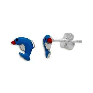  925 Sterling Silver Blue Red Dolphin Fish Stud Earrings Jewelry