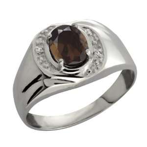   Oval Brown Smoky Quartz and White Topaz Argentium Silver Ring: Jewelry