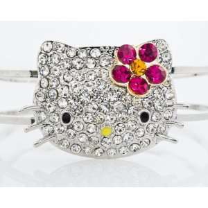   Kitty Silver Plated Bangle with Pink Flower By Jersey Bling Jewelry