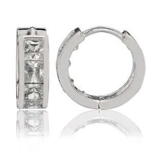 Sterling Silver Square CZ Channel Set Round Huggie Earrings (15 x 15 