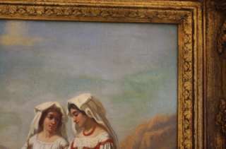 C1840s ITALIAN PAINTING WOMEN IN THE COUNTRY SIDE W/ CHILDREN & GOATS 
