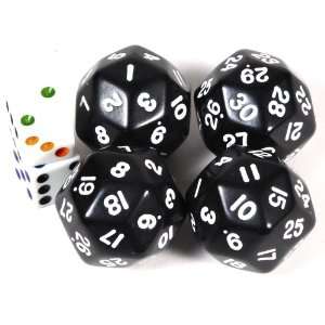 30 Sided Black Dice _Bundle of 4 with 2 bonus white dice  Toys 