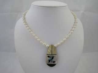 Zuni Bird MOP Inlay Pendant & FW Pearl Necklace 18  