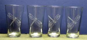 SET OF 4 ETCHED DRAGONFLY PINT GLASSES, NICE   