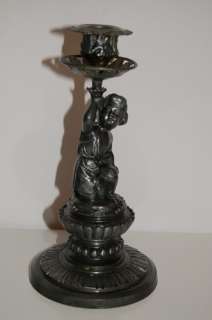 VINTAGE HUGE PEWTER CANDLESTICK WITH PUTTO ANGEL c1880  