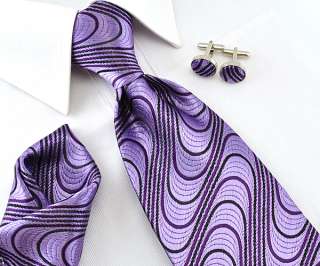   Jacquard Woven silk Mens Tie Ripples necktie set Cufflinks Purple 139