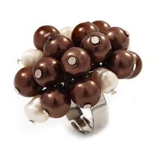 Freshwater Pearl & Bead Cluster Silver Tone Ring (Chocolate & Ivory 