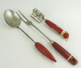 Lot 3 Vintage Red Handle Kitchen Utensils Spoon Fork  