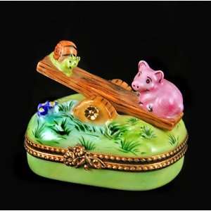  Cute Pink Pig & Snail on See Saw Pv French Limoges Box 