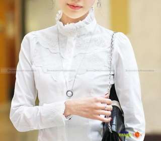 New Women Fashion Lace Long Sleeve Shirt Blouse Top Stand Collar White 