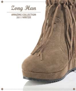 BN Fringe Side Zipper Platform Wedge Boots Women Shoes Brown Black 