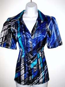 SUNNY LEIGH Blue/Multi Print Satin Shirt Blouse, Medium  