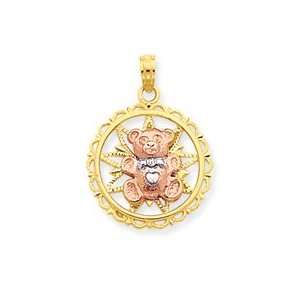    14K Two tone/Rhodium Teddy Bear on Cut Out Disc Pendant: Jewelry