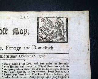 Rare BRITISH 18th Century Print POST BOY 1708 Newspaper  
